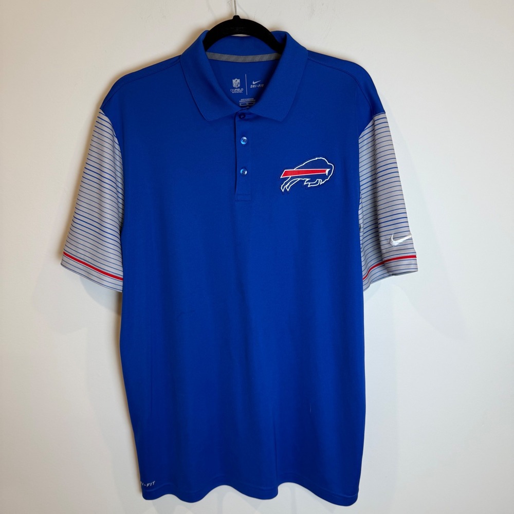 Nike Buffalo Bills NFL Dri Fit Polo Shirt Mens XL Royal Blue Striped Sleeves